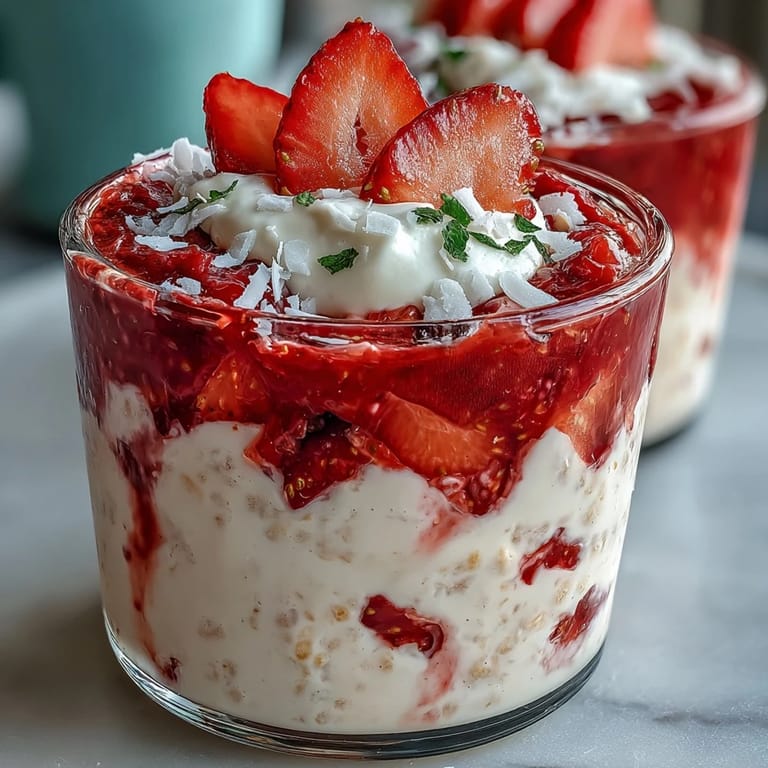 Strawberry coconut cream overnight oats with a vibrant red berry layer, coconut yogurt topping, and a sprinkle of toasted coconut.