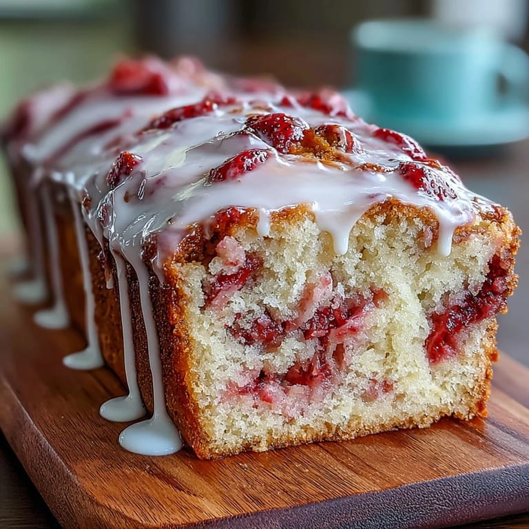 Buttery pound cake marbled with vibrant homemade strawberry swirl, topped with a smooth vanilla glaze for a classic dessert.