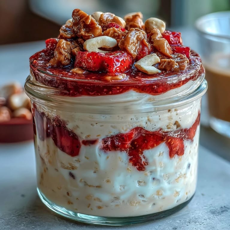 Protein-packed breakfast jar featuring creamy oats, sweet strawberry jam, peanut butter, and a sprinkle of crunchy roasted peanuts.