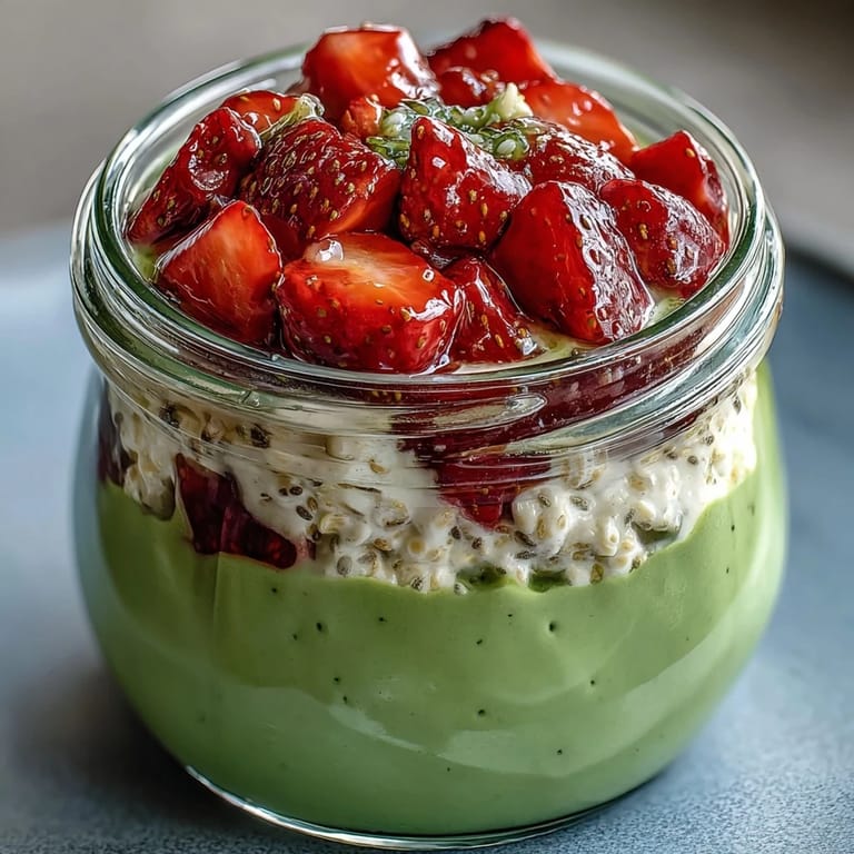 Delicious layered overnight oats in a mason jar, combining fresh strawberries and matcha for a refreshing, nutritious morning meal.