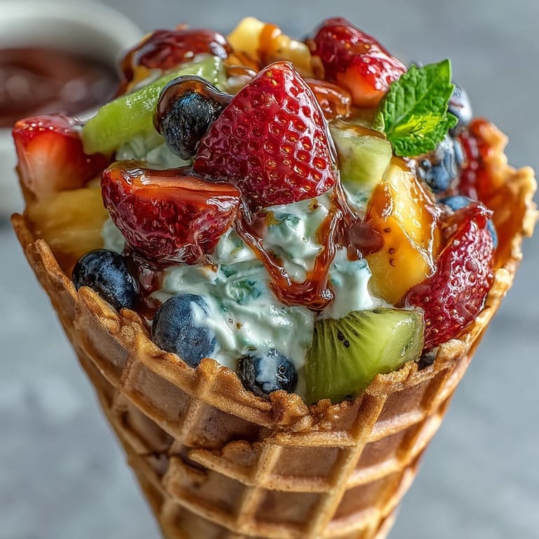 Sweet and tangy fruit cones bursting with seasonal berries and tropical fruits, served with a smooth, honey-sweetened yogurt dip.