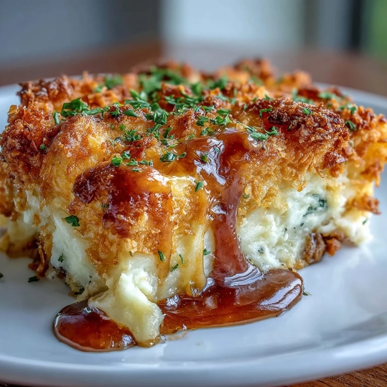 Layered funeral potatoes shepherds pie mash-up casserole featuring tender meat filling, smooth cheesy mashed potatoes, and buttery cornflake topping for ultimate comfort food.