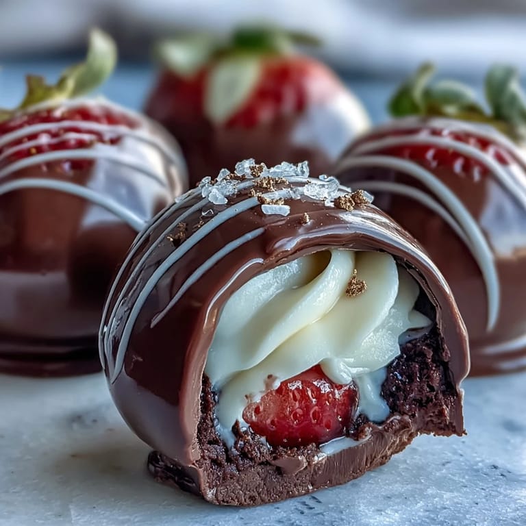 Decadent chocolate strawberry bombs with creamy center, drizzled with white chocolate and garnished with crushed pistachios.