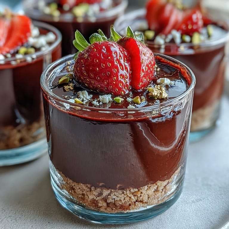 Layered Easy Dubai Chocolate Strawberry Dessert Cups featuring rich ganache, buttery biscuit base, and juicy macerated strawberries.