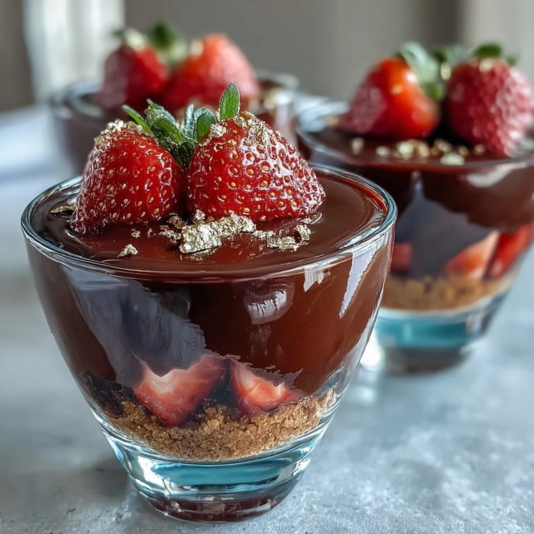 Elegant Easy Dubai Chocolate Strawberry Dessert Cups with smooth chocolate, crunchy pistachios, and a touch of edible gold leaf.