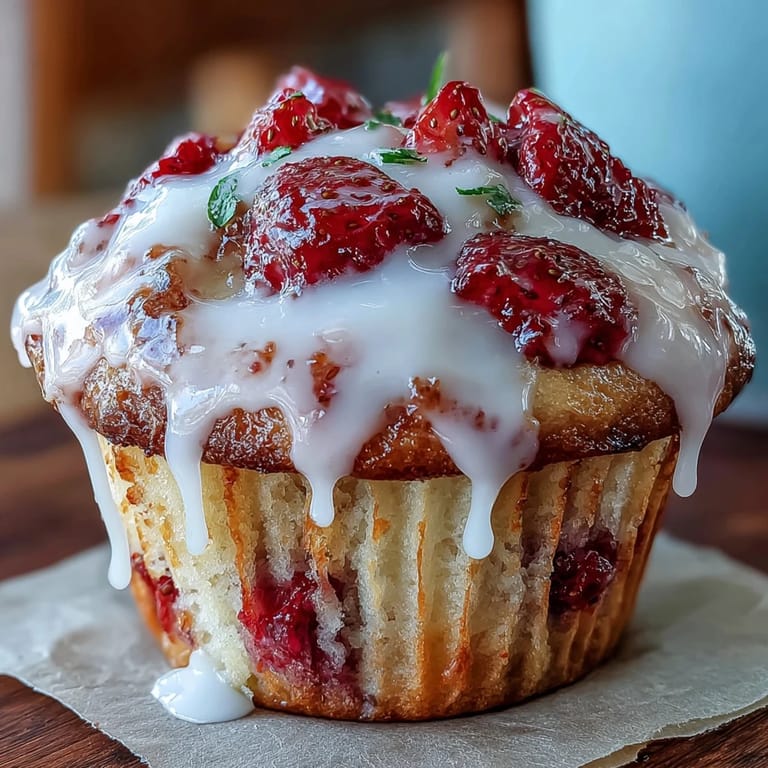 Moist strawberry muffins bursting with fresh fruit and finished with a zesty lemon glaze, perfect for an easy dessert or snack.