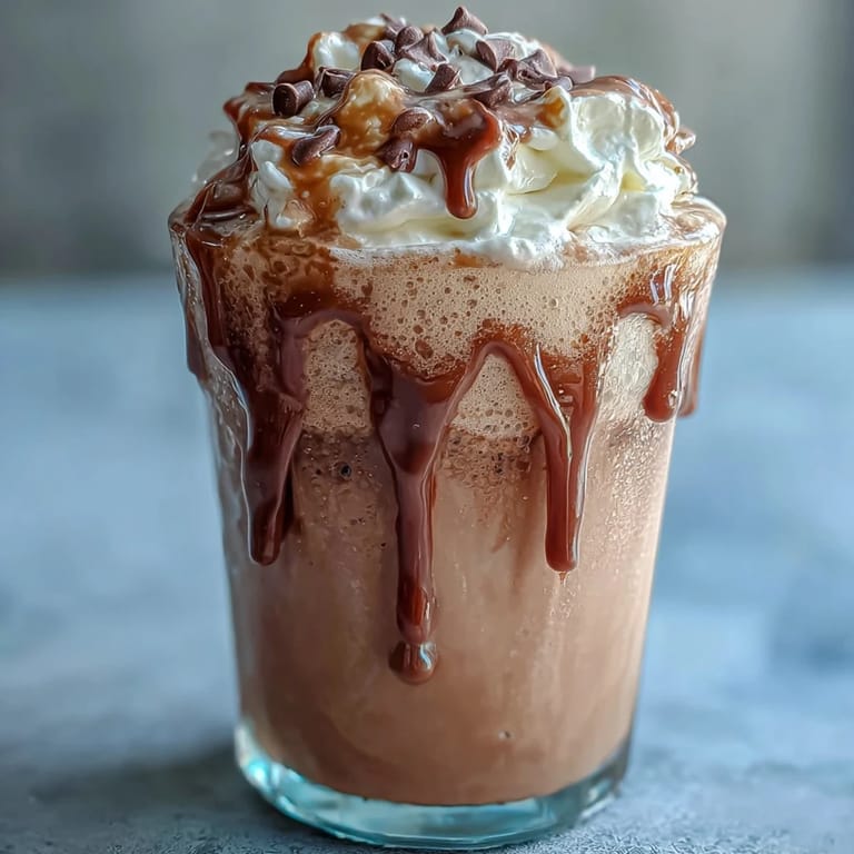 Side view of an Iced Vanilla Bean Frappuccino with layered coffee and coconut cream garnish.