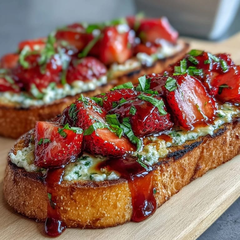 Sweet and savory Balsamic Strawberry Bruschetta Toasts topped with juicy strawberries, basil, and a drizzle of balsamic reduction.