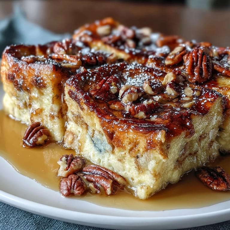 Maple syrup-drenched pancake casserole baked until golden, with a light dusting of powdered sugar for a sweet, comforting breakfast.
