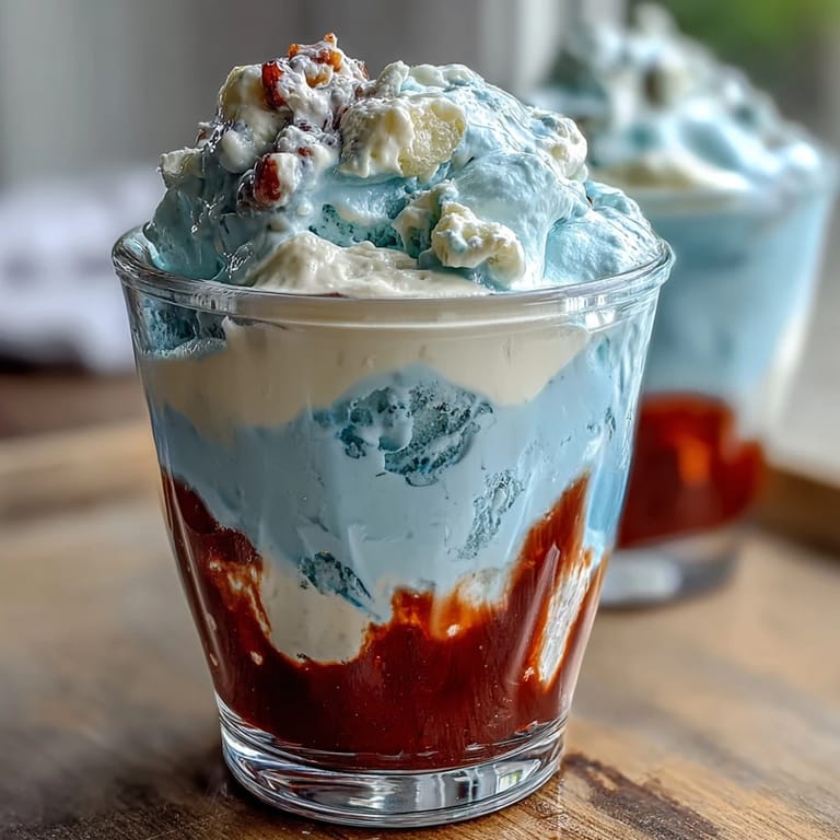 Festive Red, White, and Blue Layered Jello Cups featuring clear layers and optional whipped cream and berries.  