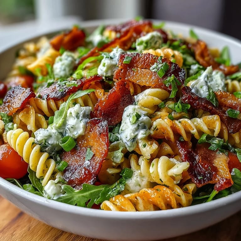 Fresh BLT Pasta Salad with crispy bacon, ripe avocado, and cherry tomatoes in a tangy dressing.  