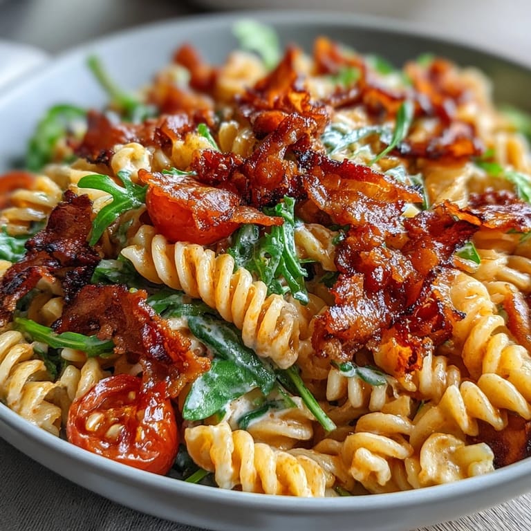 Hearty BLT Pasta Salad featuring bacon, avocado, and romaine lettuce, a satisfying main dish.