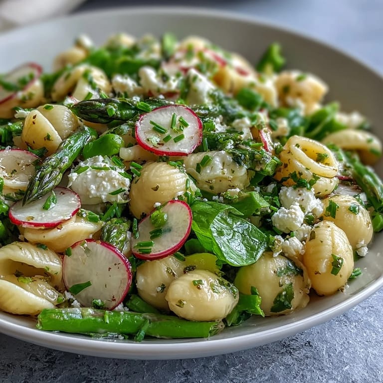 Colorful spring pasta salad with lemon vinaigrette, crisp snap peas, and radishes—a healthy, vegetarian dish bursting with fresh flavor.