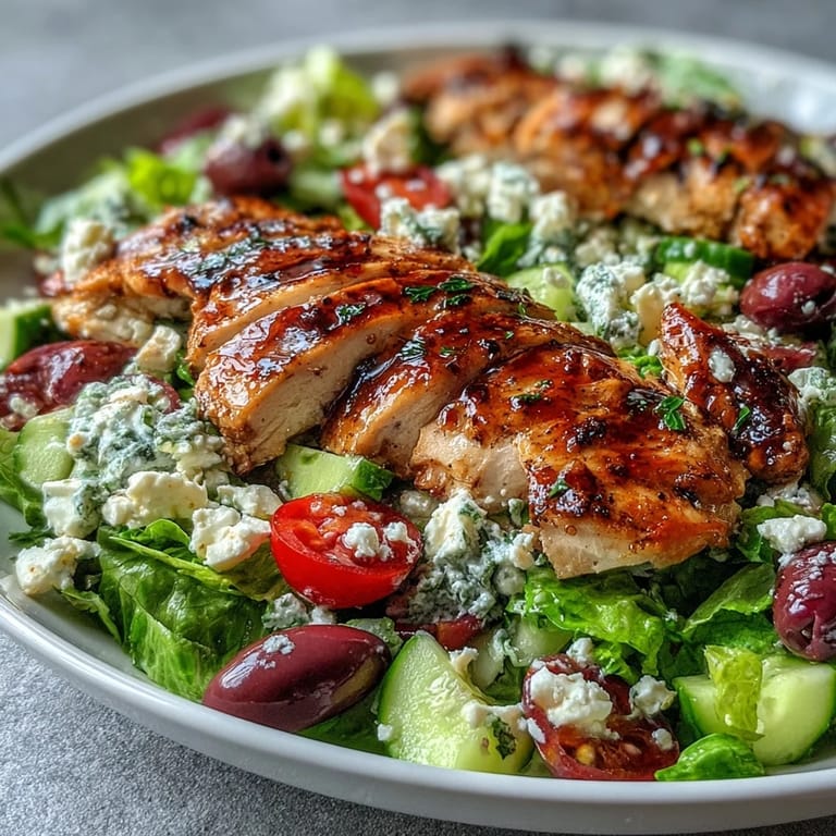 Colorful Greek salad with juicy grilled chicken, crisp cucumbers, ripe tomatoes, and Kalamata olives, drizzled with zesty lemon dressing.