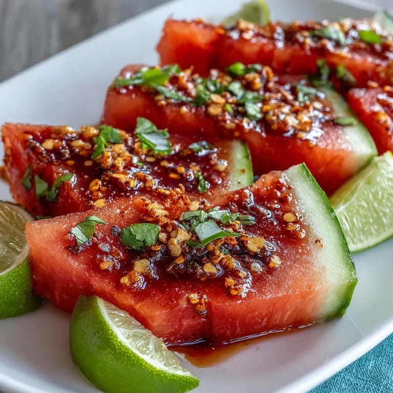 Vibrant watermelon sticks sprinkled with Tajin chili-lime seasoning and zesty lime juice offer a refreshing, vegan-friendly snack with a spicy kick.