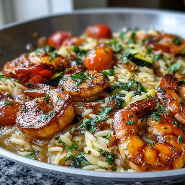 Vibrant Mediterranean-inspired one-pan meal with tender shrimp, orzo pasta, and fresh vegetables simmered in lemon butter sauce.