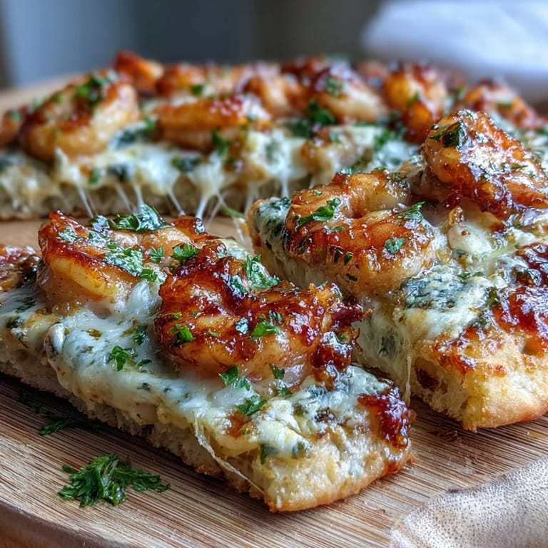 Four Garlic Butter Shrimp Naan Pizzas broil to golden perfection on a parchment-lined baking sheet.