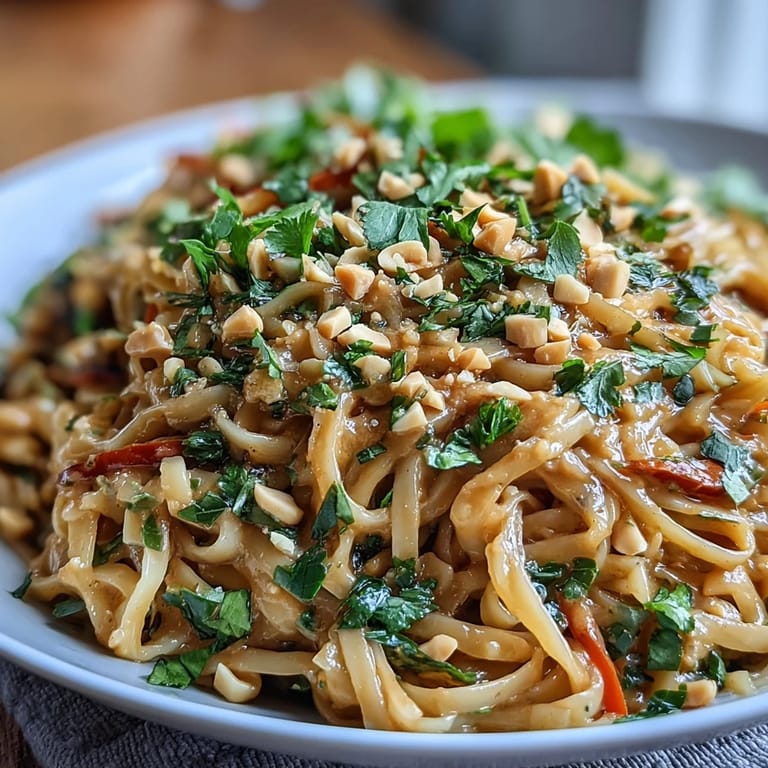 Creamy Thai peanut noodles tossed with crisp veggies, herbs, and chopped peanuts for a refreshing, flavor-packed dish.  