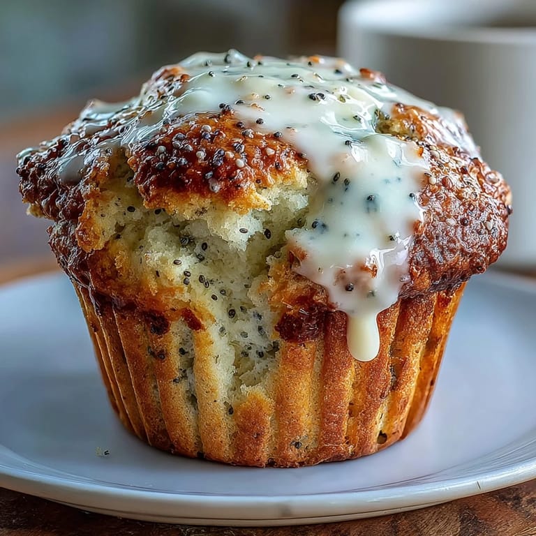 Warm bakery-style lemon poppy seed muffins, golden brown and glazed, ideal for a sweet morning treat or snack.