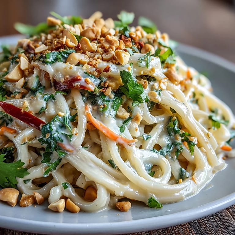 Bright and zesty Thai peanut noodle salad featuring rice noodles, fresh herbs, and crunchy vegetables in a savory sauce.