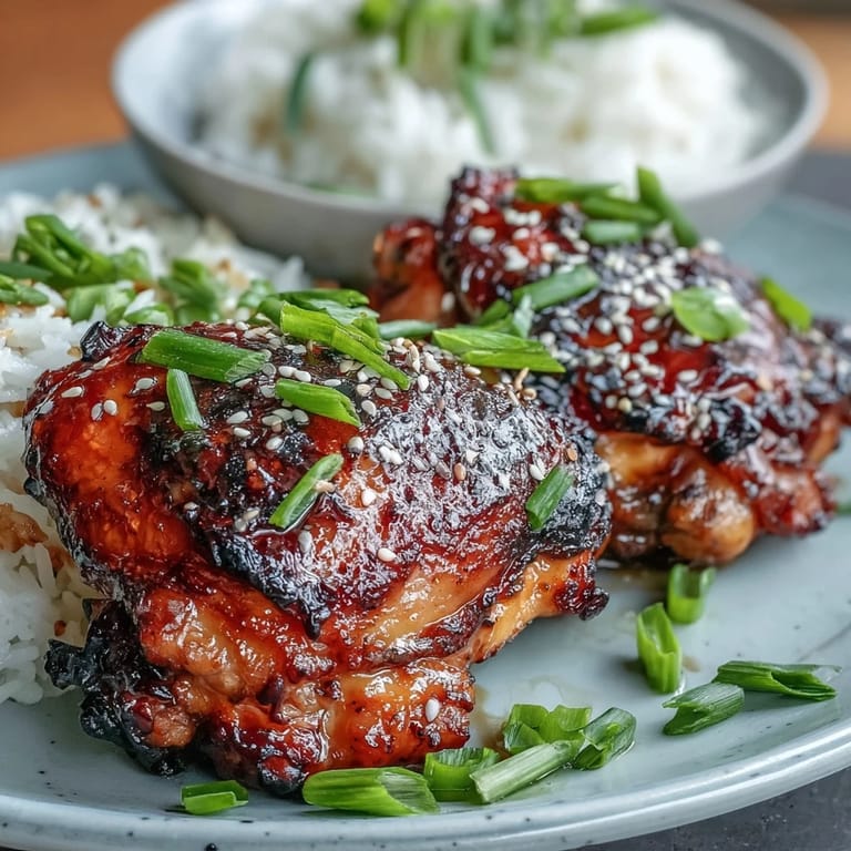Oven-baked soy glazed chicken thighs coated in a rich, garlicky honey soy glaze, garnished with sesame seeds and green onions.