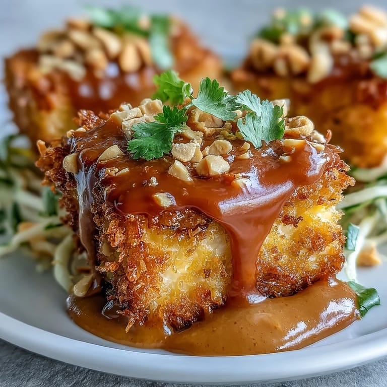 Colorful Thai mango salad with crunchy vegetables, golden tofu, and rich peanut sauce drizzle.