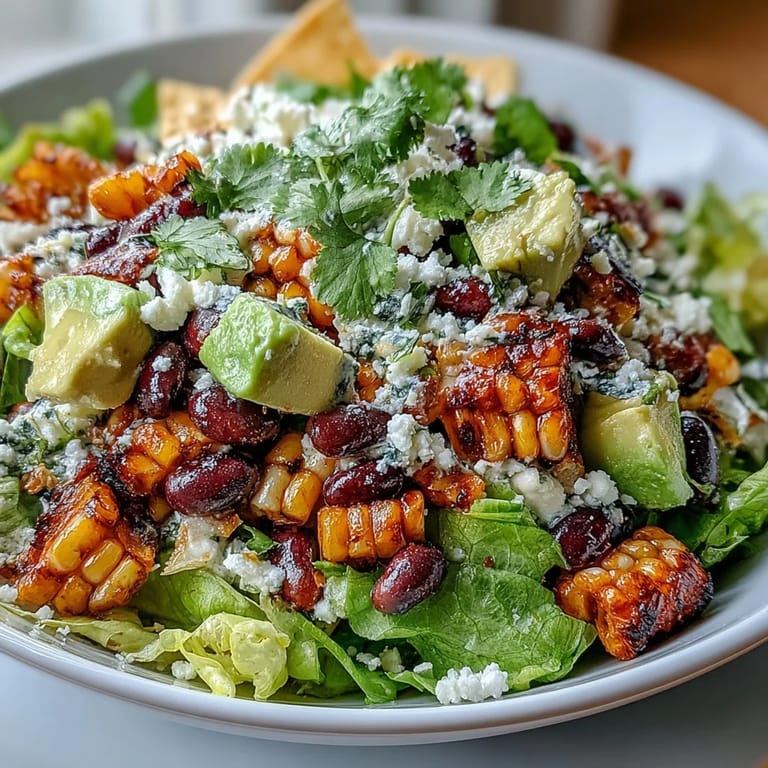Hearty taco salad featuring charred grilled corn, black beans, crisp romaine, and crunchy tortilla chips, topped with creamy avocado slices.