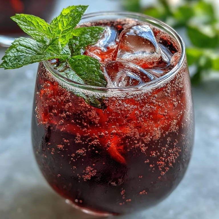 Vibrant pink hibiscus mint lemonade mocktail with ice cubes, garnished with lemon and mint sprigs for a stunning presentation.  