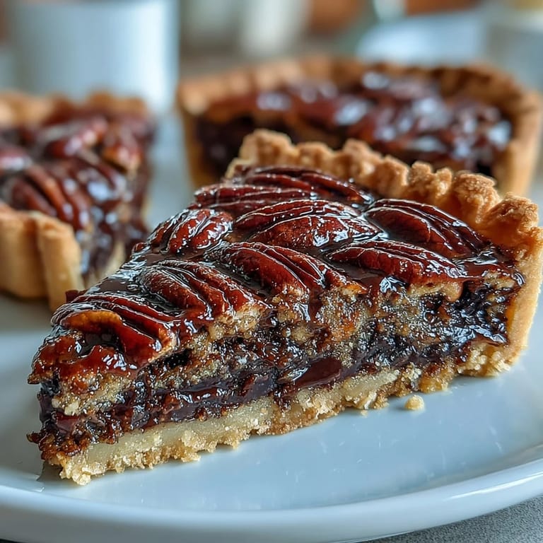 Warm, gooey chocolate bourbon pecan tart slices topped with toasted pecans and served on a rustic wooden board.  