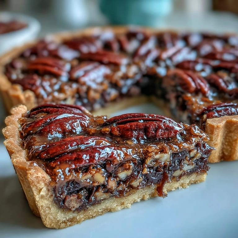 Southern-style Kentucky Derby tart with layers of dark chocolate, bourbon-spiked filling, and buttery pecan topping, fresh from the oven.