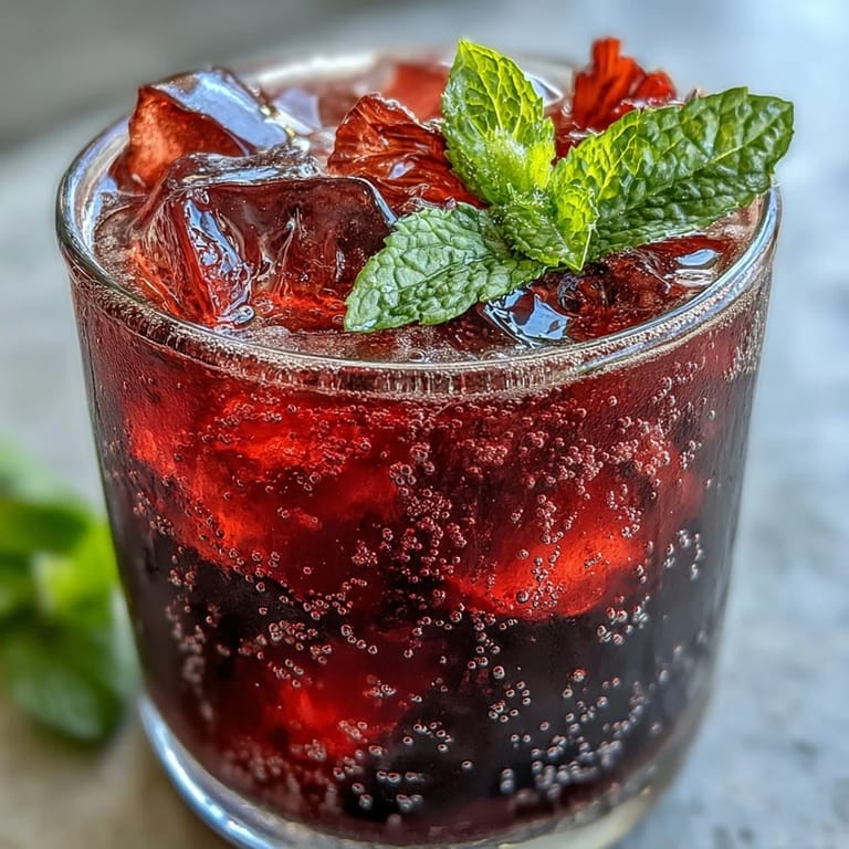 Refreshing Sparkling Hibiscus Mint Lemonade Mocktail served in clear glasses, showcasing the deep pink color and sparkling bubbles.