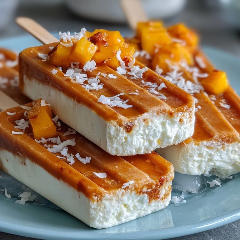 Vibrant vegan mango coconut popsicles ready to be enjoyed frozen.