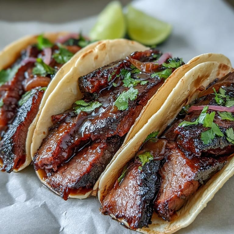 Savory smoked brisket tacos ready to be devoured with fresh lime.
