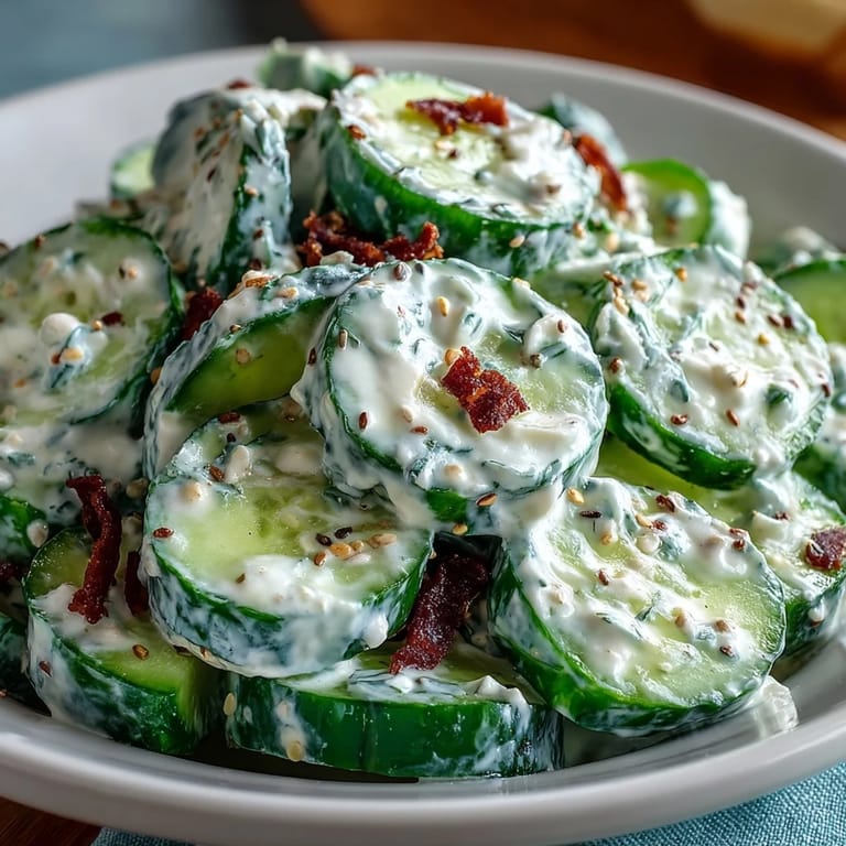 Crunchy, savory viral cucumber salad with a luscious cream cheese dressing, perfect for lunch.