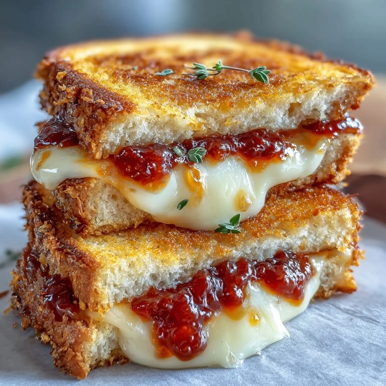 Comforting grilled cheese on toasted bread, a perfect bite with tomato jam.