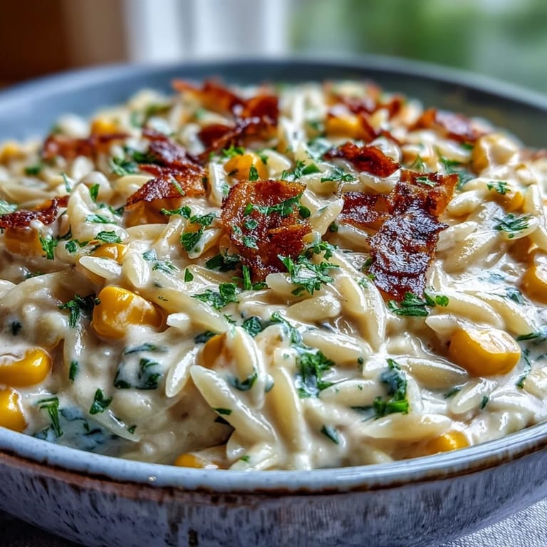 Golden orzo pasta in a rich, creamy corn sauce with savory herbs.
