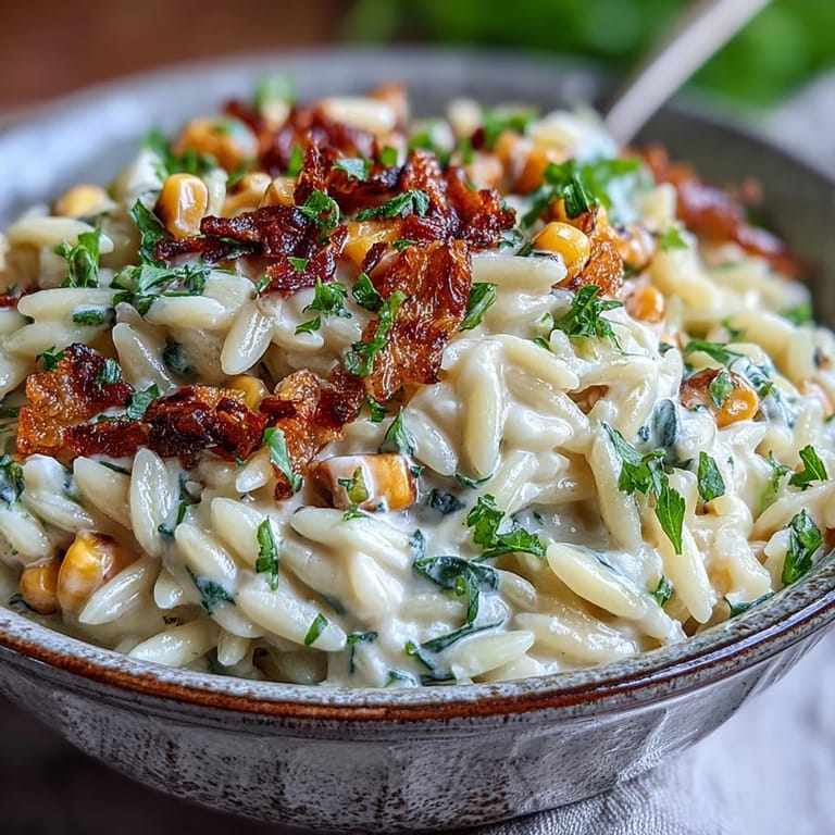 Tender Creamy Corn Orzo bursting with sweet corn and Parmesan goodness.