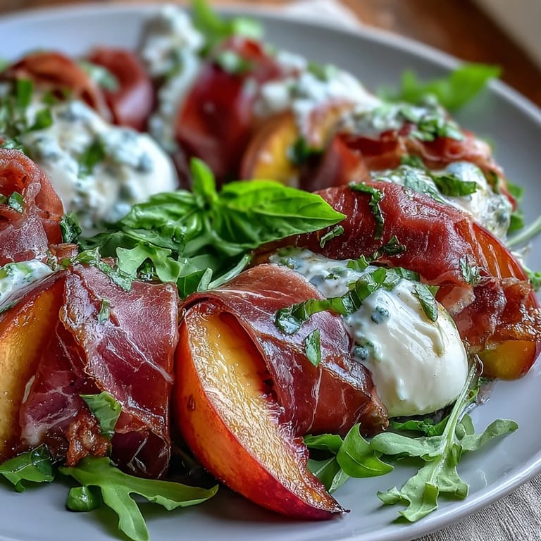 Delicious peach burrata prosciutto salad platter, ready for a light summer meal.