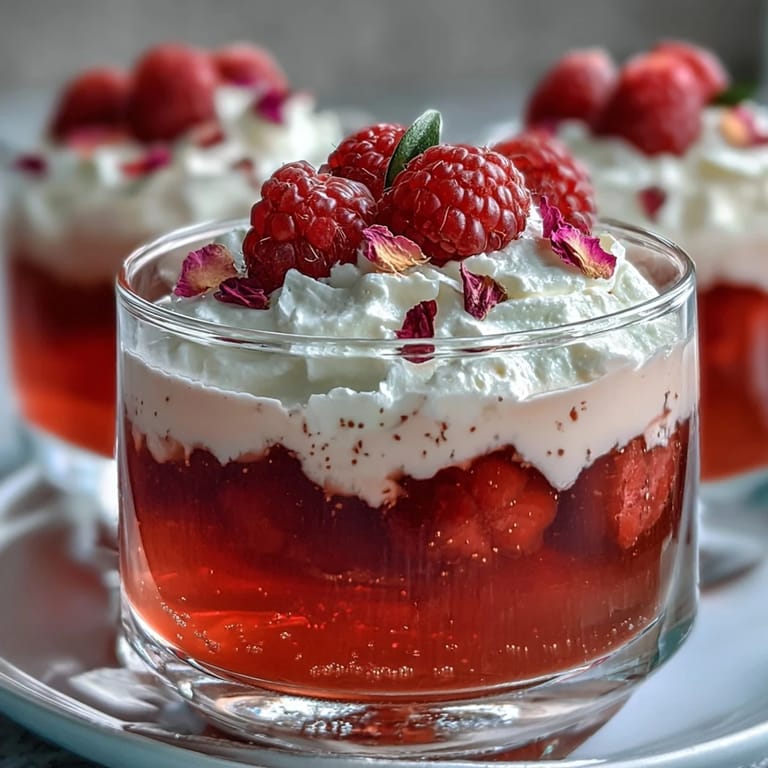 Vibrant Raspberry Rose Jello Parfaits showcasing fruity layers and creamy topping.