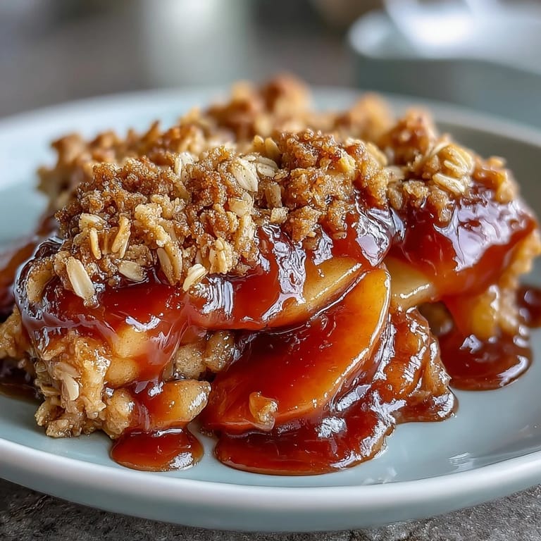 Baked Miso Caramel Peach Crisp, bubbling with sweet peaches and salty-sweet sauce.