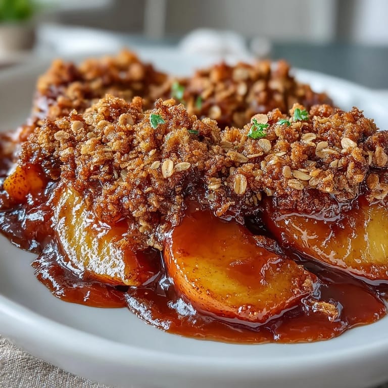 Close-up of warm Miso Caramel Peach Crisp, ready for serving with vanilla ice cream.