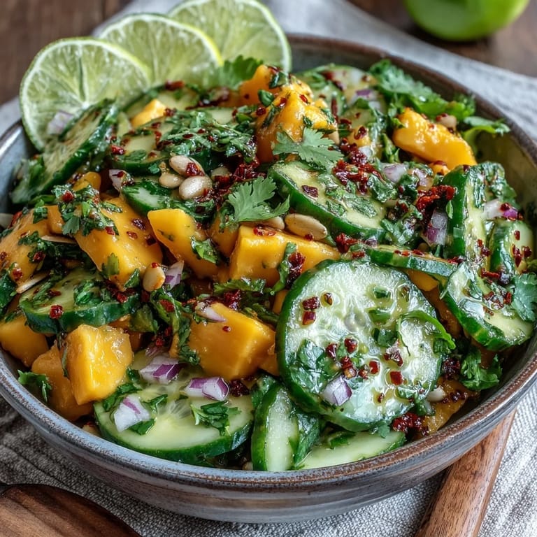 Bright Mango Tajín Cucumber Salad, featuring fresh cilantro and creamy avocado, perfect for summer.