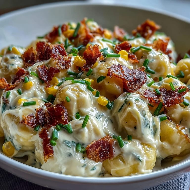 Pillowy Creamy Corn and Bacon Gnocchi dish with golden corn and crisp bacon bits.