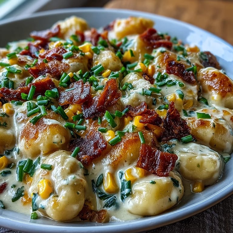 Savory Creamy Corn and Bacon Gnocchi, a comforting bowl topped with fresh chives.