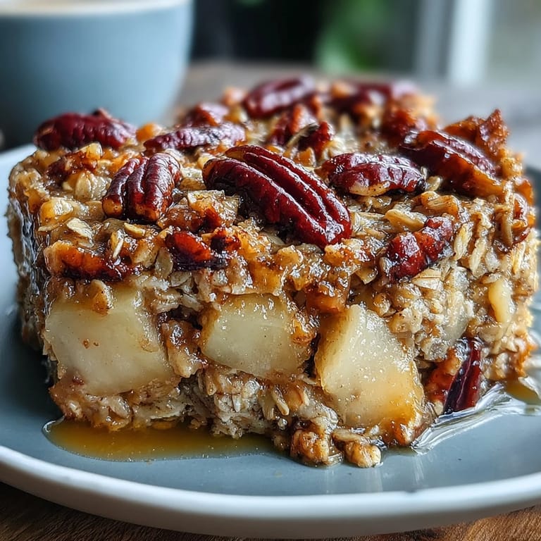 Cozy Maple Pecan Apple Baked Oatmeal with tender fruit and nutty crunch.