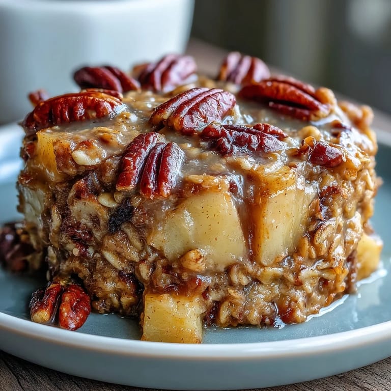 Warm Maple Pecan Apple Baked Oatmeal dish, ready to be served with syrup.