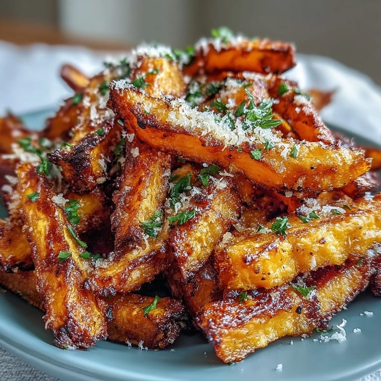 Healthy, crunchy butternut squash fries dusted with Parmesan, perfect as a side.
