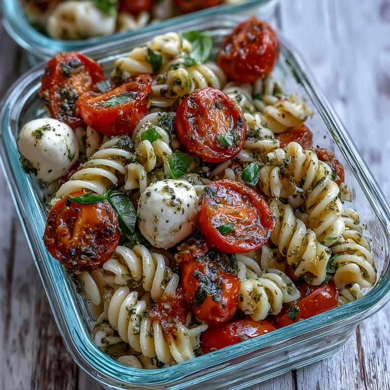 Creamy mozzarella, ripe tomatoes, and basil pesto combine in this easy pasta salad.