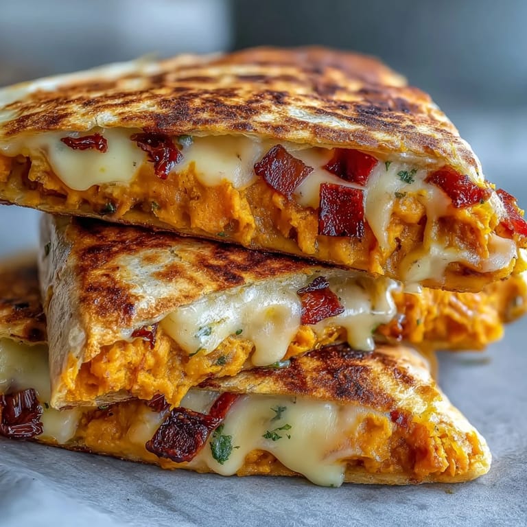 Deliciously seasoned sweet potato quesadilla triangles, ready to be enjoyed as an appetizer.