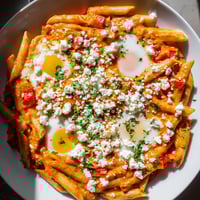 Quick Shakshuka Pasta with a beautifully runny egg yolk, ready to serve and enjoy.